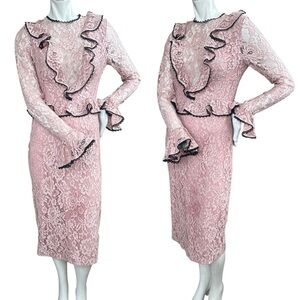 Alexis Baby Pink Black Full Lace High Neck Long Ruffle Sleeve Midi Dress Size M